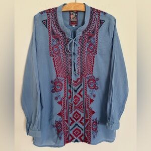 Johnny Was Blue Tunic with Embroidery and tie front